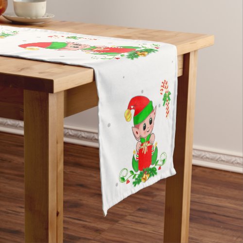Cute Christmas Elf on White Medium Table Runner