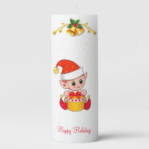 Cute Christmas Elf on White Pillar Candle