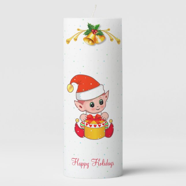 Cute Christmas Elf on White Pillar Candle (Front)