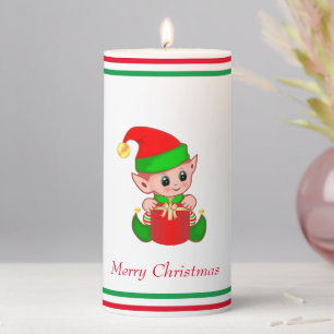 Cute Christmas Elf on White Pillar Candle