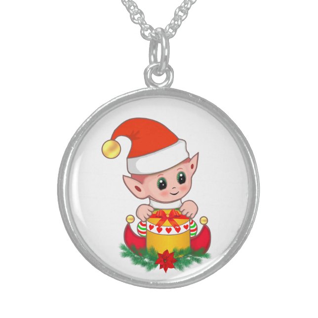 Cute Christmas Elf on White Sterling Silver Necklace (Front)