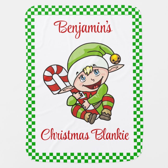 Cute Christmas Elf Personalized Baby Blanket (Front)
