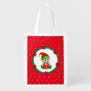 Cute Christmas elf, pine wreath, flowers & stars Grocery Bag