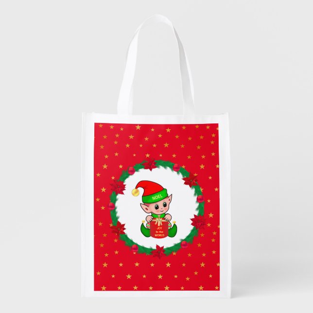Cute Christmas elf, pine wreath, flowers & stars Grocery Bag (Front)