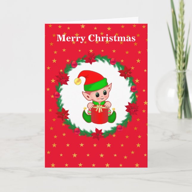 Cute Christmas Elf, Pine Wreath & Stars Card (Front)