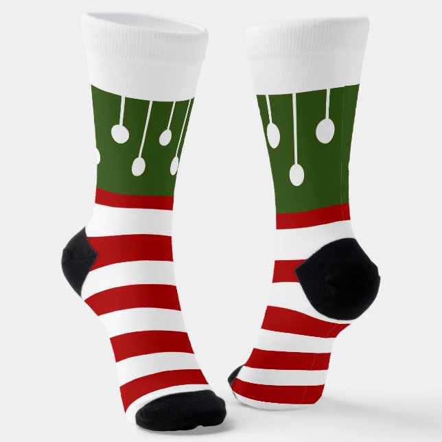 Cute Christmas Elf Red White Stripes Fun Tassel Socks (Angled)
