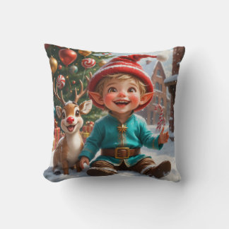 Cute Christmas Elf & Reindeer  Throw Pillow