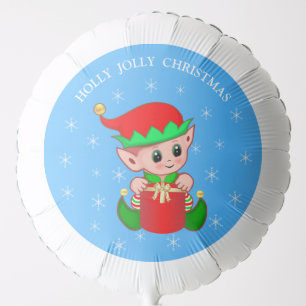 Cute Christmas elf, snowflakes on blue Balloon