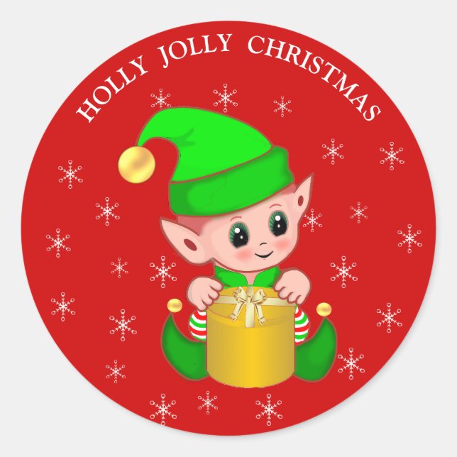 Cute Christmas elf & snowflakes on red Classic Round Sticker (Front)
