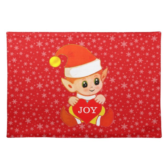 Cute Christmas Elf & Snowflakes on Red Cloth Cloth Placemat (Front)