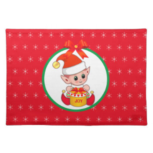 Cute Christmas elf & snowflakes on red Cloth Placemat