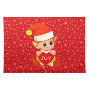 Cute Christmas Elf & Snowflakes on Red Cloth Placemat