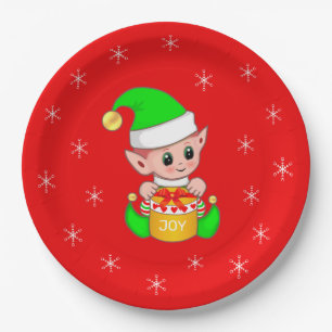 Cute Christmas Elf & Snowflakes on Red Paper Plates