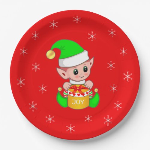 Cute Christmas Elf  Snowflakes on Red Paper Plates