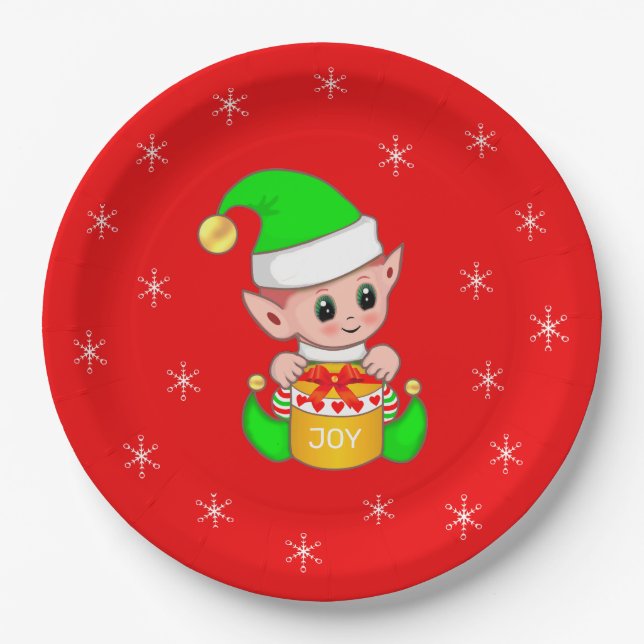 Cute Christmas Elf & Snowflakes on Red Paper Plates (Front)