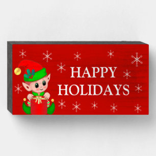Cute Christmas Elf & Snowflakes on Red Wooden Box Sign