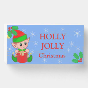 Cute Christmas Elf & Snowflakes on Sky Blue Wooden Box Sign