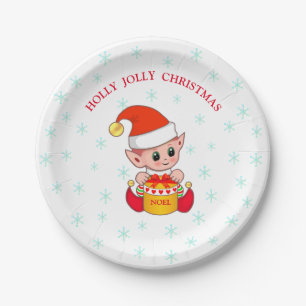 Cute Christmas elf & snowflakes on white Paper Plates