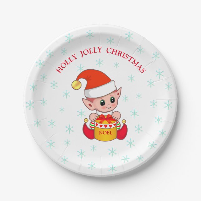 Cute Christmas elf & snowflakes on white Paper Plates (Front)