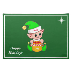 Cute Christmas elf & star on green Cloth Placemat