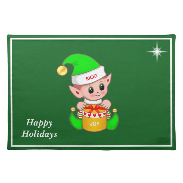 Cute Christmas elf & star on green Cloth Placemat (Front)