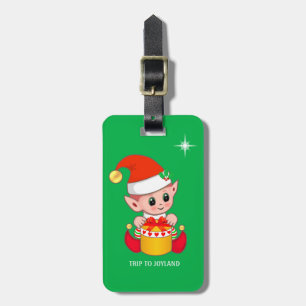 Cute Christmas Elf & Star on Green Luggage Tag