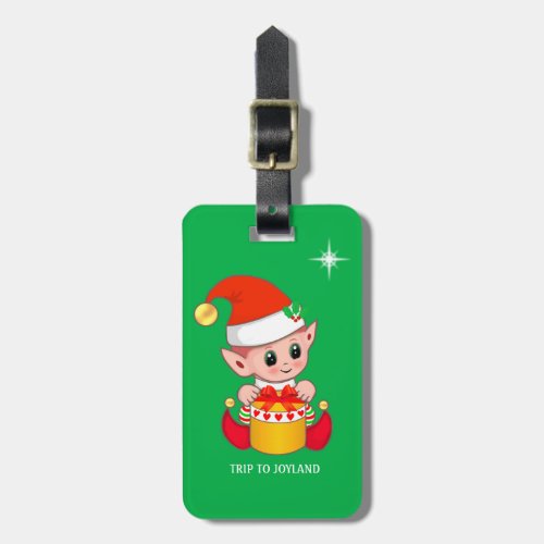 Cute Christmas Elf  Star on Green Luggage Tag