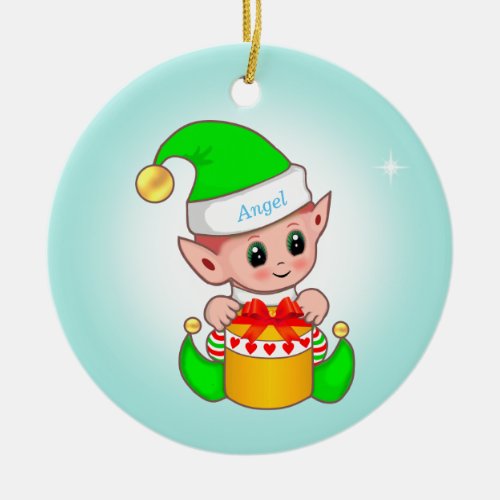 Cute Christmas elf  star on light blue Ceramic Ornament