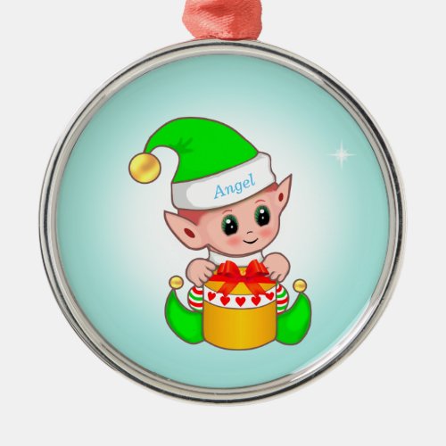 Cute Christmas elf  star on light blue Metal Ornament
