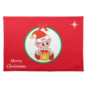 Cute Christmas elf & star on red Cloth Placemat
