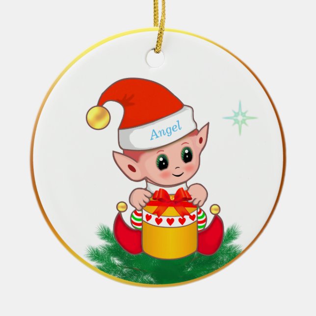 Cute Christmas elf & star on white Ceramic Ornament (Front)