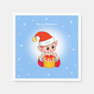 Cute Christmas elf & stars on light blue Napkins