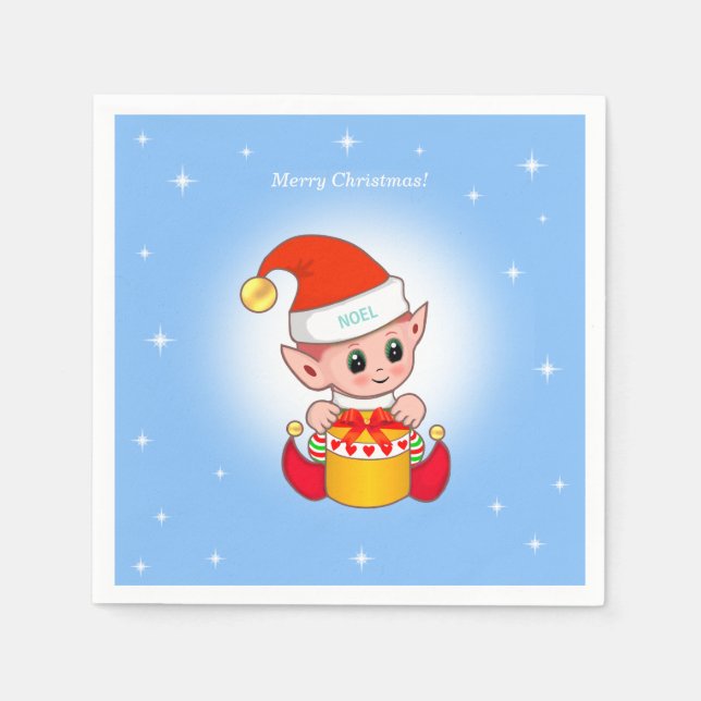 Cute Christmas elf & stars on light blue Napkins (Front)