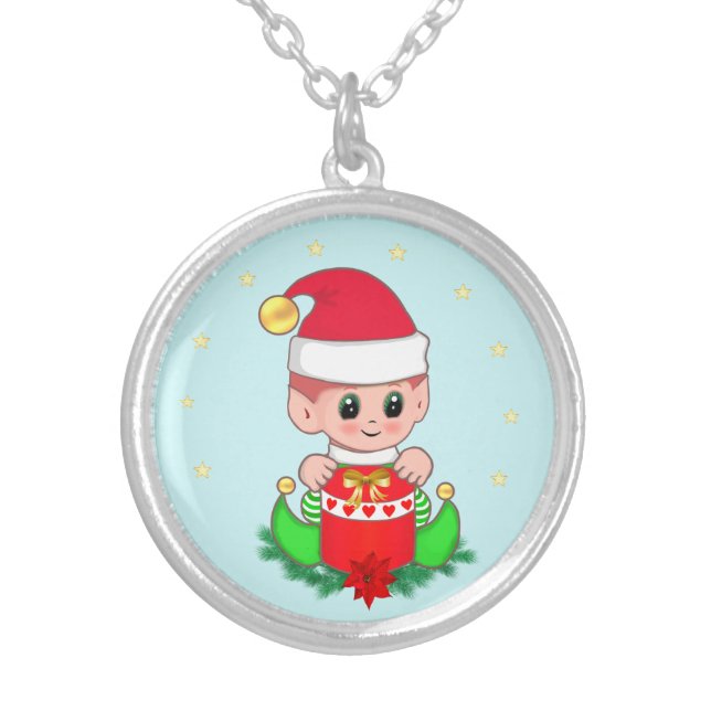 Cute Christmas Elf & Stars on Light Blue Silver Plated Necklace (Front)