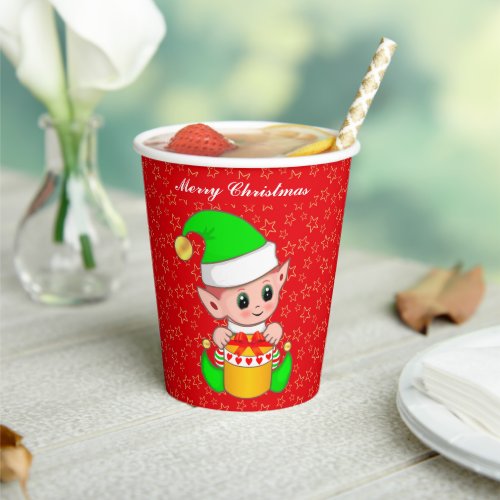 Cute Christmas Elf  Stars on Red Paper Cups