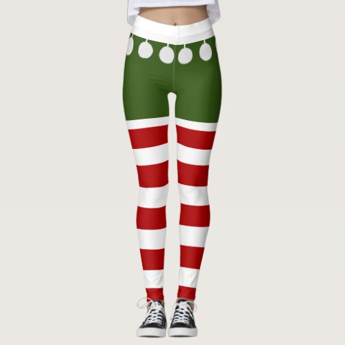 Cute Christmas Elf Stripes Fun Tassel Costume Leggings