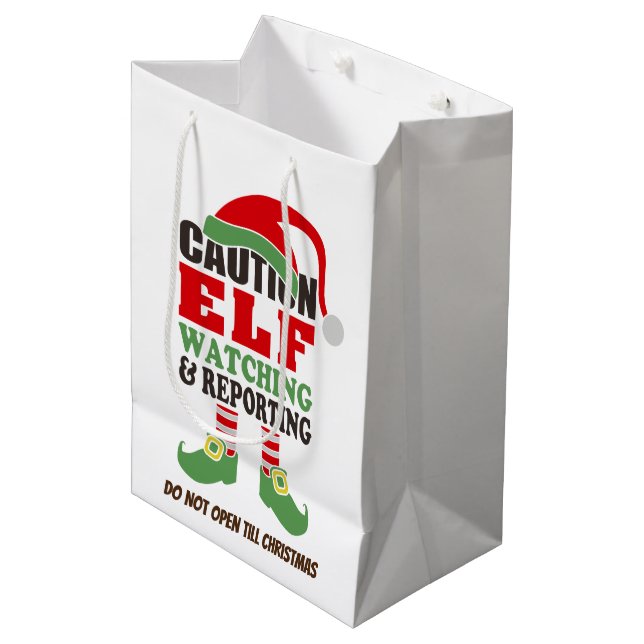 Cute Christmas "Elf Watching" Holiday Gift Bag (Front Angled)