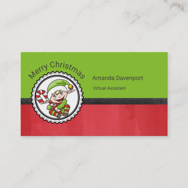 Cute Christmas Elf with Candy Cane Business Card (Front)