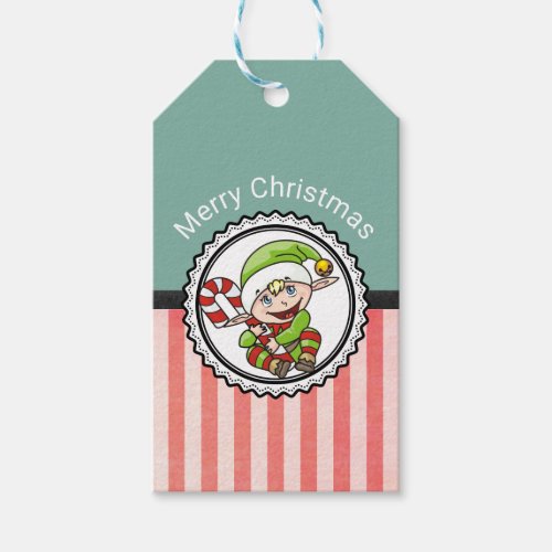Cute Christmas Elf with Candy Cane Merry Christmas Gift Tags
