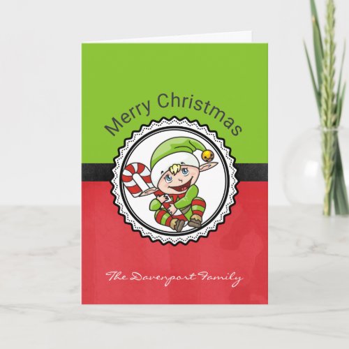 Cute Christmas Elf with Candy Cane Merry Christmas Holiday Card