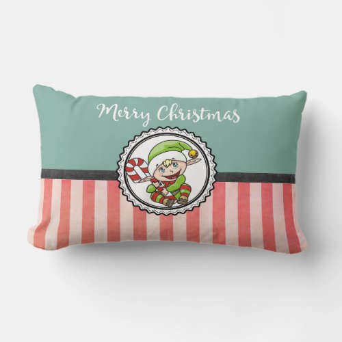 Cute Christmas Elf with Candy Cane Merry Christmas Lumbar Pillow