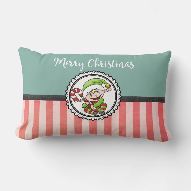 Cute Christmas Elf with Candy Cane Merry Christmas Lumbar Pillow (Front)