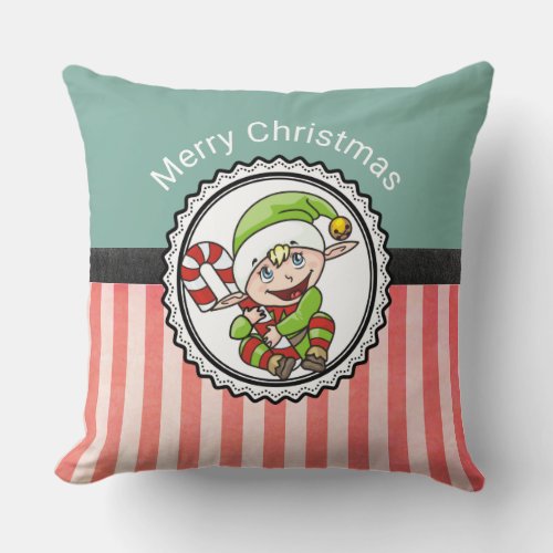 Cute Christmas Elf with Candy Cane Merry Christmas Throw Pillow