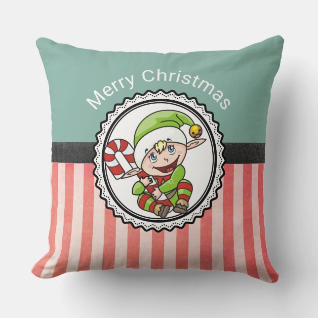 Cute Christmas Elf with Candy Cane Merry Christmas Throw Pillow (Front)