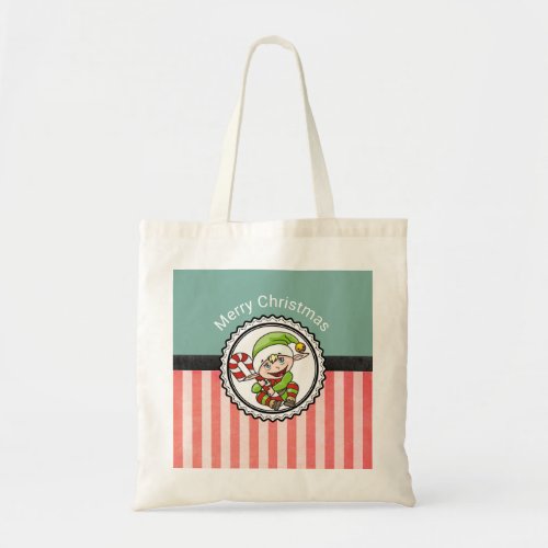 Cute Christmas Elf with Candy Cane Merry Christmas Tote Bag