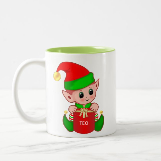 Cute Christmas Elf with Gift Box & Editable Text Two-Tone Coffee Mug (Left)