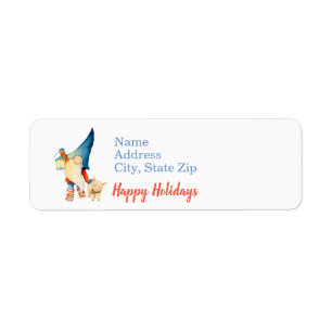Cute Christmas Elf with Lamp, Happy Holidays Label