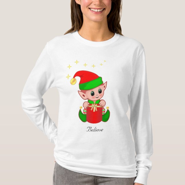 Cute Christmas Elf with Stars T-Shirt (Front)