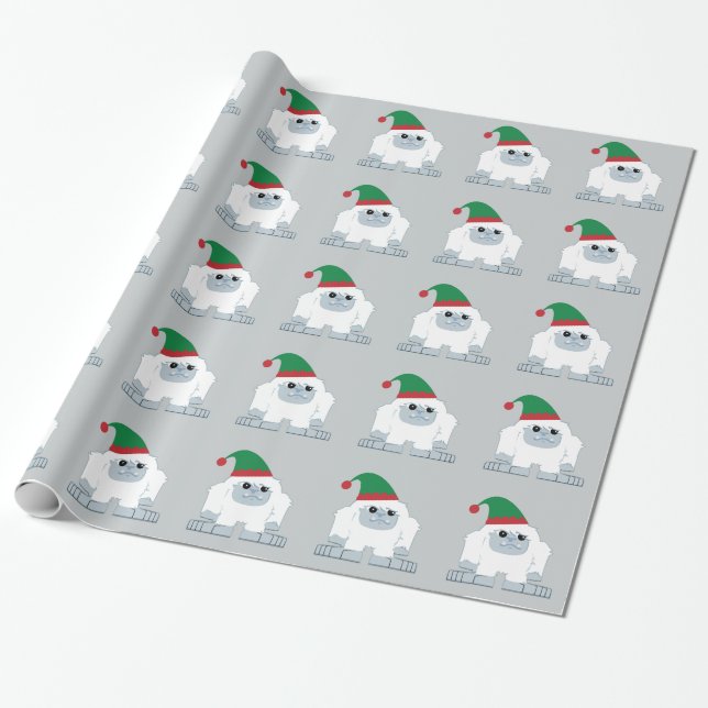Cute Christmas Elf Yeti Wrapping Paper (Unrolled)