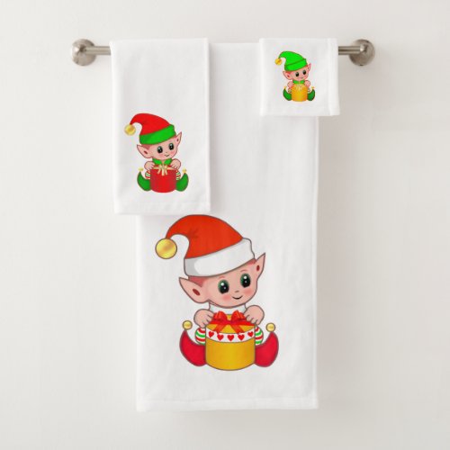 Cute Christmas Elves  Bath Towel Set